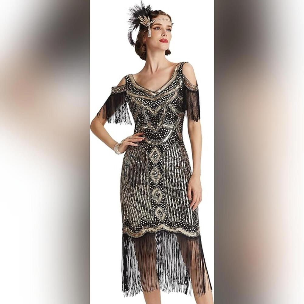 NWT Babeyond 1920s Flapper Vintage Long Fringe Sequins Beaded 20's Dress, XS 0-2